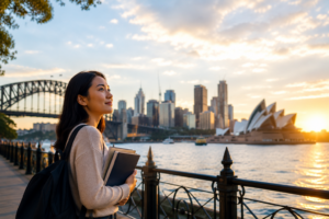 Asian female student overlooking Sydney harbour.