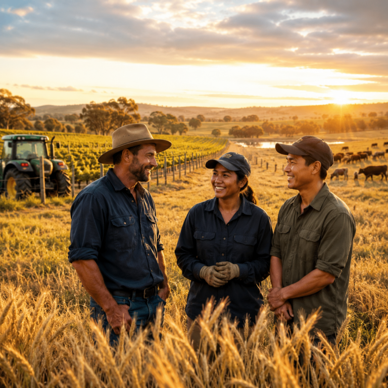 3 farmers talking in a field.