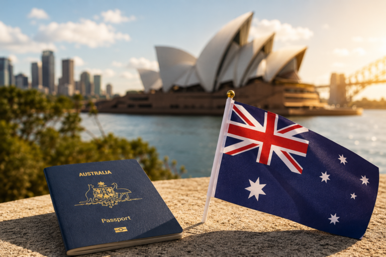 Australian passport Sydney opera house and an Australian Flag